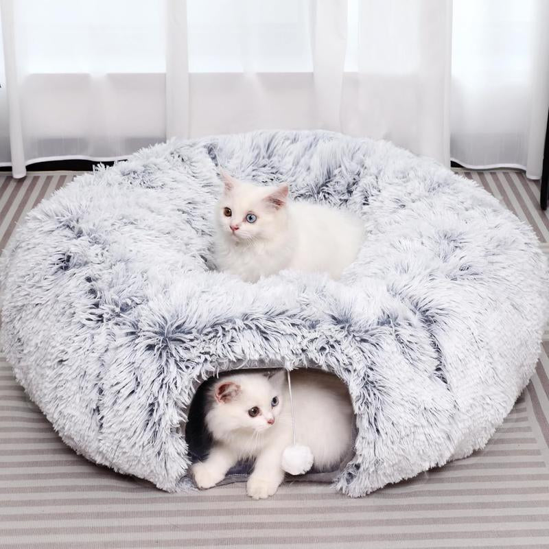Cute Calming Kitten Beds - Soft Plush Warm Cat Tunnel Foldable Detachable Washable Multifunctional Splicing Design for Cozy Playtime & Relaxation