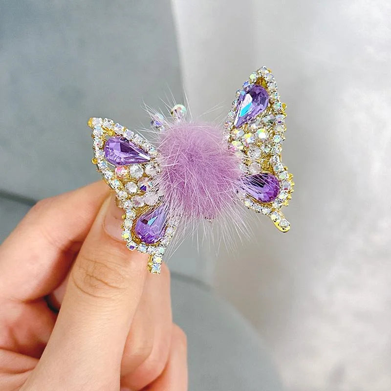 Fashion Smart Moving Butterfly Hairpin 3D Hair Clip Plush Ball Rhinestone Sparkling Headwear Hairgrip Cute Girl Hair Accessories