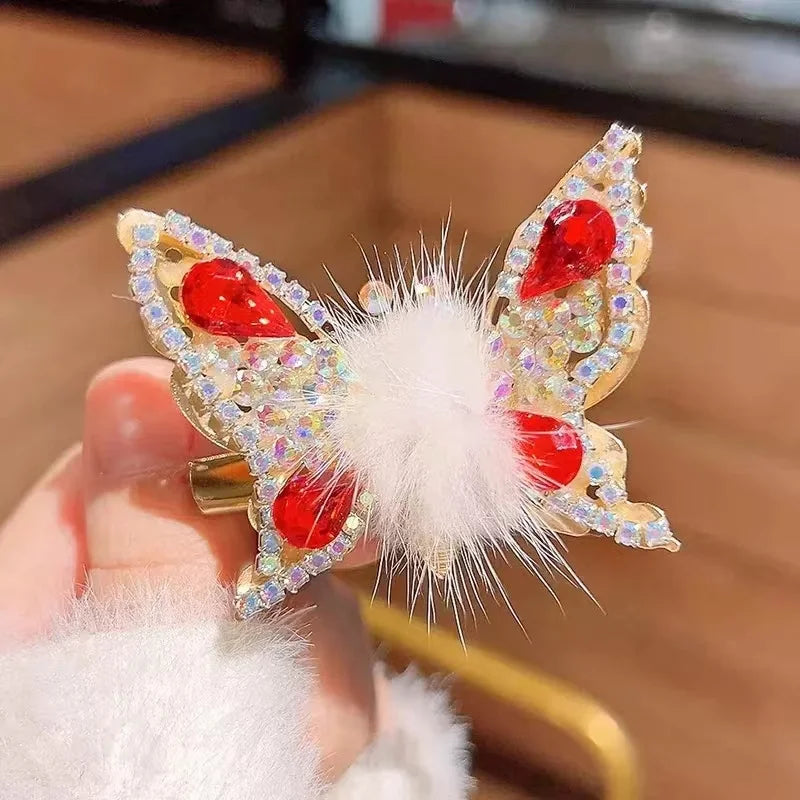 Fashion Smart Moving Butterfly Hairpin 3D Hair Clip Plush Ball Rhinestone Sparkling Headwear Hairgrip Cute Girl Hair Accessories