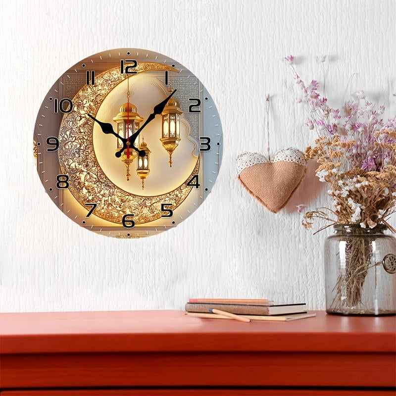 10 Inch Golden Moon Lantern Eid Backdrop Clock - European Style Silent Wall Clock with Wood Veneer, Ornate Floral Patterns & Golden Lanterns - Battery Operated (AA Not Included) - Perfect for Living Room, Study Decor, New Year, Valentine'S Day Gift