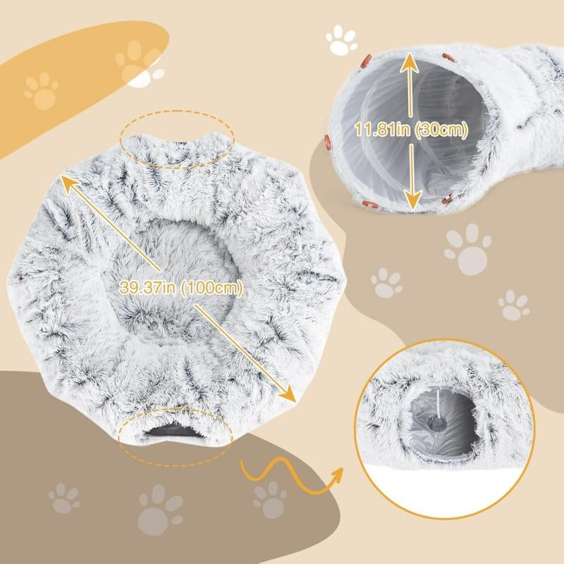 Cute Calming Kitten Beds - Soft Plush Warm Cat Tunnel Foldable Detachable Washable Multifunctional Splicing Design for Cozy Playtime & Relaxation