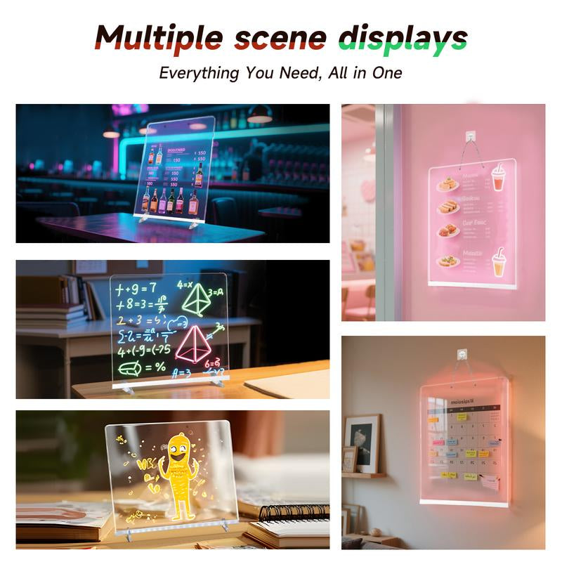 13.7In* 10In LED Drawing Board, 4 Modes and 7Colorful Acrylic Whiteboard with Lights, 7 Markers, Spray Bottle, Suitable for Bedroom, Office, Holiday, and Home Decor Desktop Design Lighting