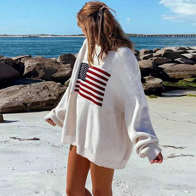 American Flag Knitted Sweater Women'S Long Sleeve Crew Neck Loose Vintage Pullover Polyester Breathable Oversized Striped Beach Wear Fall 2025 Fashion Tops Casual Elastic Fit Womenswear Casual Knitwear Leather Outdoor Sweaterswomen Fall Sweaters Outfits
