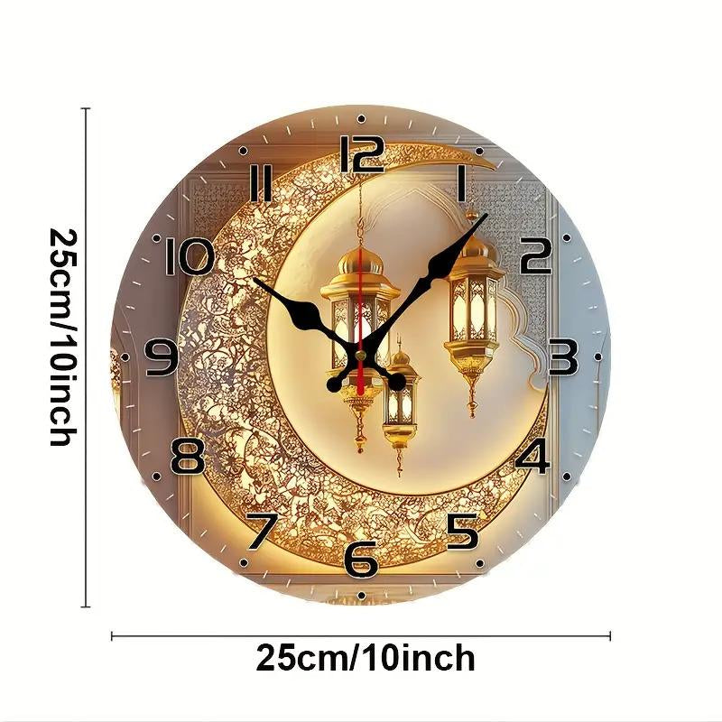 10 Inch Golden Moon Lantern Eid Backdrop Clock - European Style Silent Wall Clock with Wood Veneer, Ornate Floral Patterns & Golden Lanterns - Battery Operated (AA Not Included) - Perfect for Living Room, Study Decor, New Year, Valentine'S Day Gift