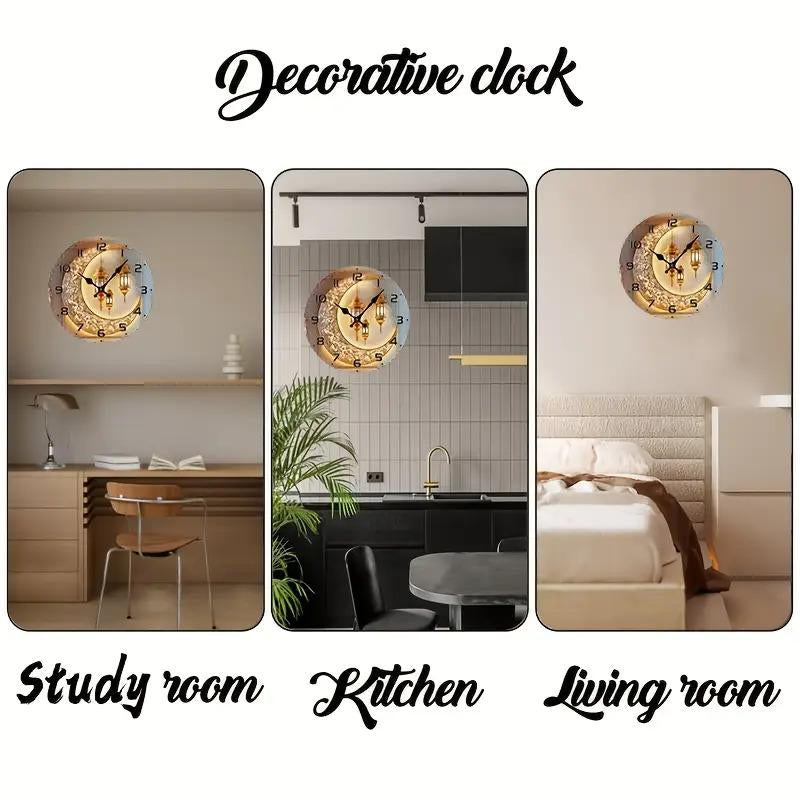 10 Inch Golden Moon Lantern Eid Backdrop Clock - European Style Silent Wall Clock with Wood Veneer, Ornate Floral Patterns & Golden Lanterns - Battery Operated (AA Not Included) - Perfect for Living Room, Study Decor, New Year, Valentine'S Day Gift