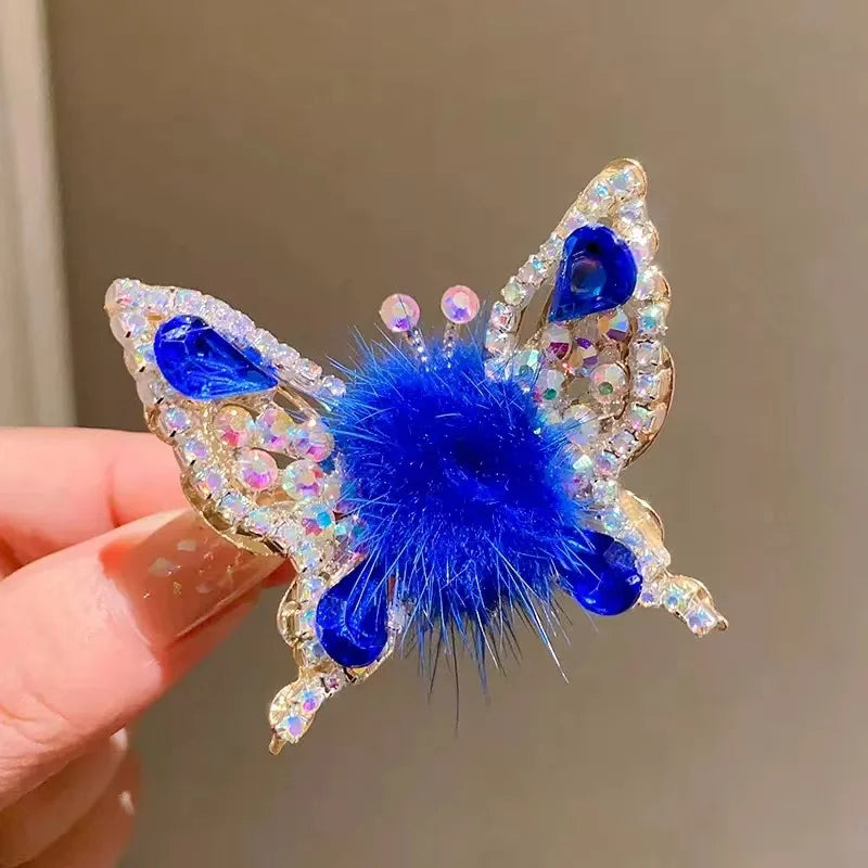 Fashion Smart Moving Butterfly Hairpin 3D Hair Clip Plush Ball Rhinestone Sparkling Headwear Hairgrip Cute Girl Hair Accessories