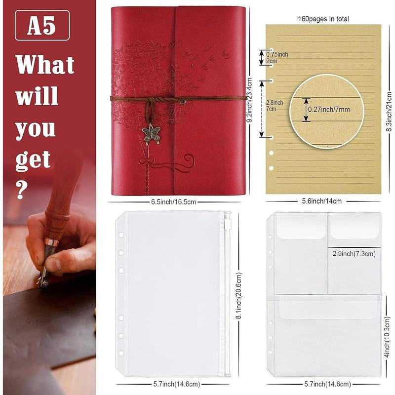 Leather Journal Notebook, Refillable Writing Journal Diary Planner for Women Girls (Red, A5-9.3''X6.3'')