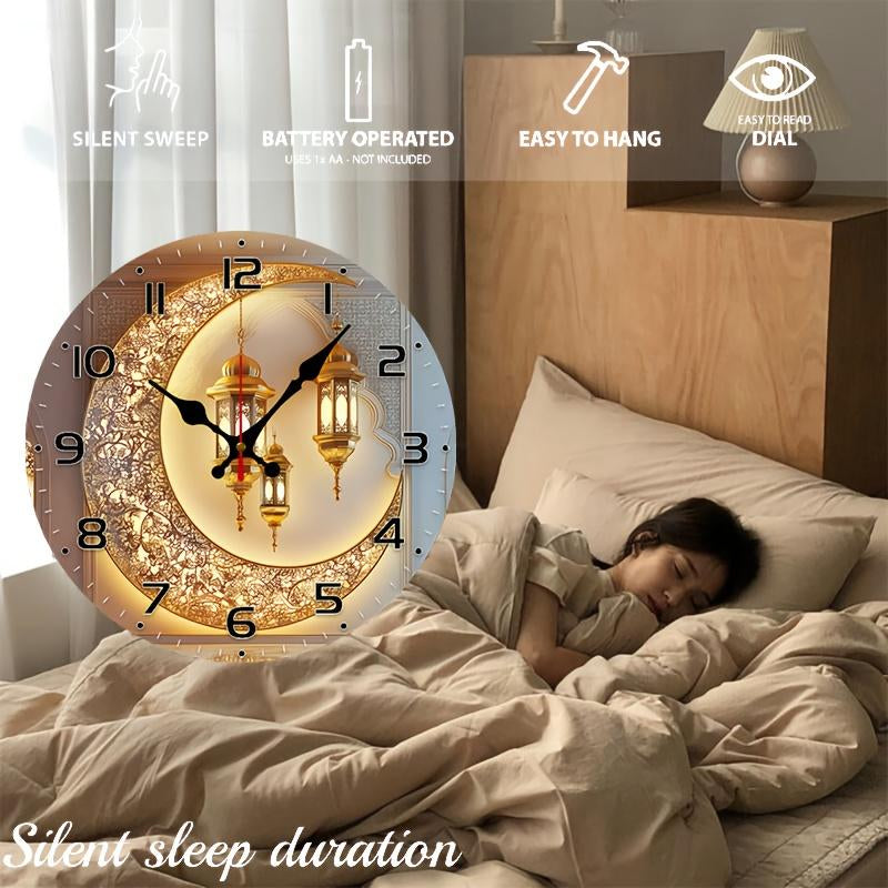 10 Inch Golden Moon Lantern Eid Backdrop Clock - European Style Silent Wall Clock with Wood Veneer, Ornate Floral Patterns & Golden Lanterns - Battery Operated (AA Not Included) - Perfect for Living Room, Study Decor, New Year, Valentine'S Day Gift