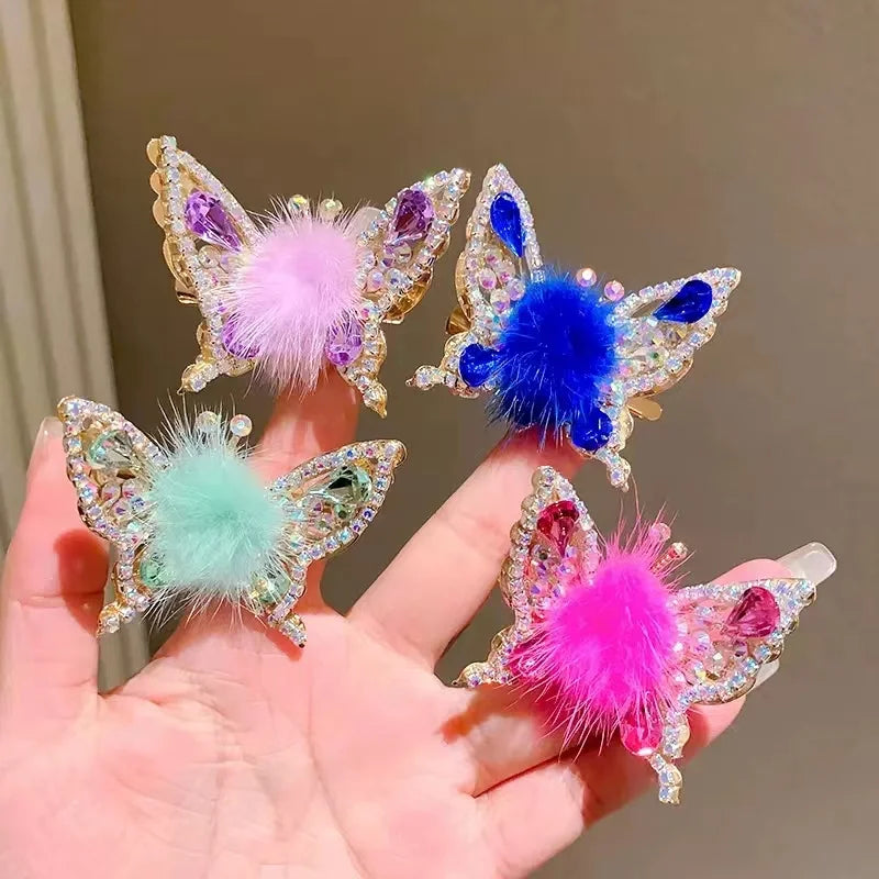 Fashion Smart Moving Butterfly Hairpin 3D Hair Clip Plush Ball Rhinestone Sparkling Headwear Hairgrip Cute Girl Hair Accessories