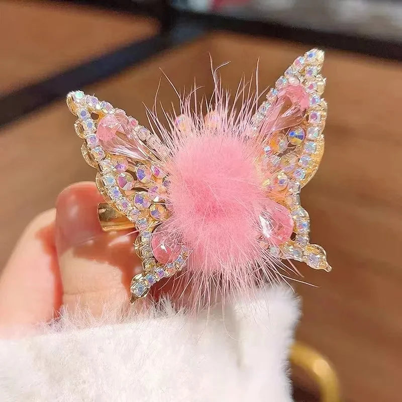 Fashion Smart Moving Butterfly Hairpin 3D Hair Clip Plush Ball Rhinestone Sparkling Headwear Hairgrip Cute Girl Hair Accessories
