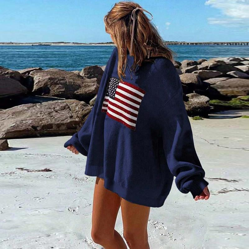 American Flag Knitted Sweater Women'S Long Sleeve Crew Neck Loose Vintage Pullover Polyester Breathable Oversized Striped Beach Wear Fall 2025 Fashion Tops Casual Elastic Fit Womenswear Casual Knitwear Leather Outdoor Sweaterswomen Fall Sweaters Outfits