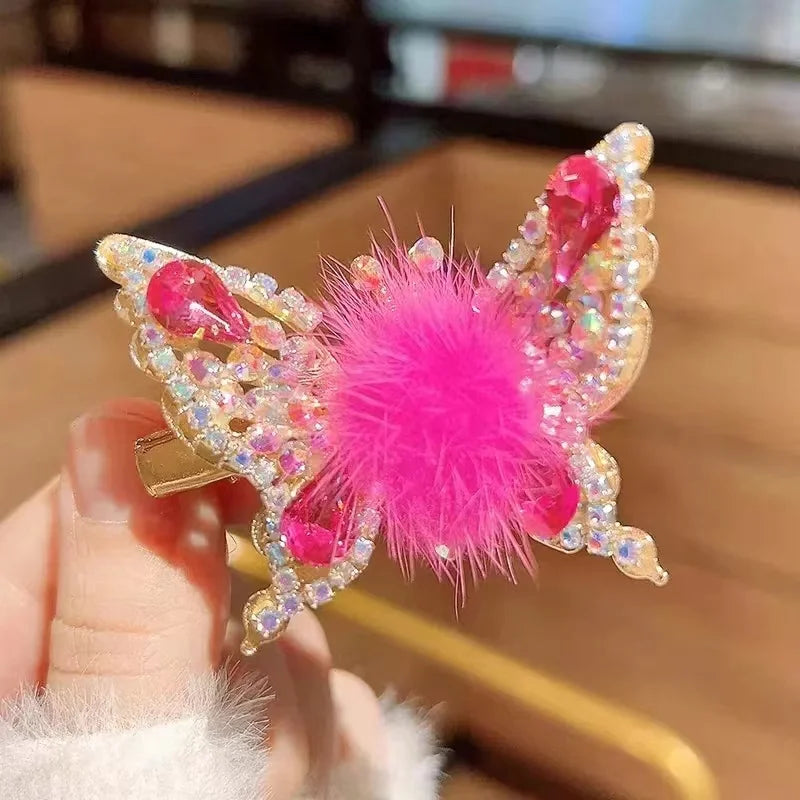 Fashion Smart Moving Butterfly Hairpin 3D Hair Clip Plush Ball Rhinestone Sparkling Headwear Hairgrip Cute Girl Hair Accessories