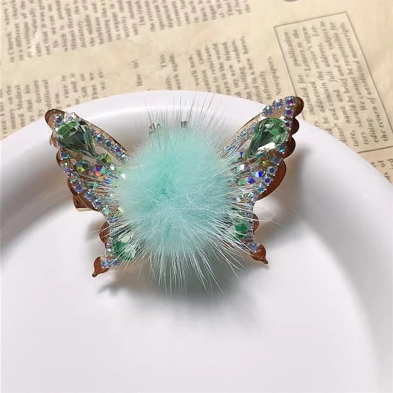 Fashion Smart Moving Butterfly Hairpin 3D Hair Clip Plush Ball Rhinestone Sparkling Headwear Hairgrip Cute Girl Hair Accessories