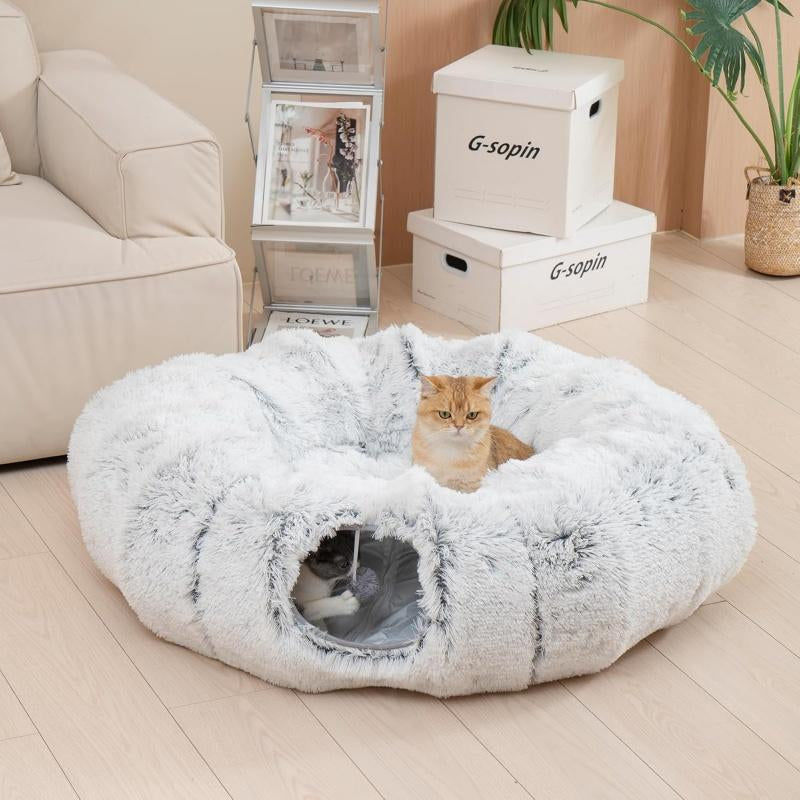 Cute Calming Kitten Beds - Soft Plush Warm Cat Tunnel Foldable Detachable Washable Multifunctional Splicing Design for Cozy Playtime & Relaxation