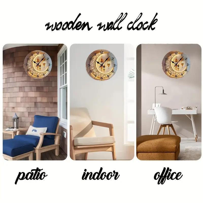 10 Inch Golden Moon Lantern Eid Backdrop Clock - European Style Silent Wall Clock with Wood Veneer, Ornate Floral Patterns & Golden Lanterns - Battery Operated (AA Not Included) - Perfect for Living Room, Study Decor, New Year, Valentine'S Day Gift