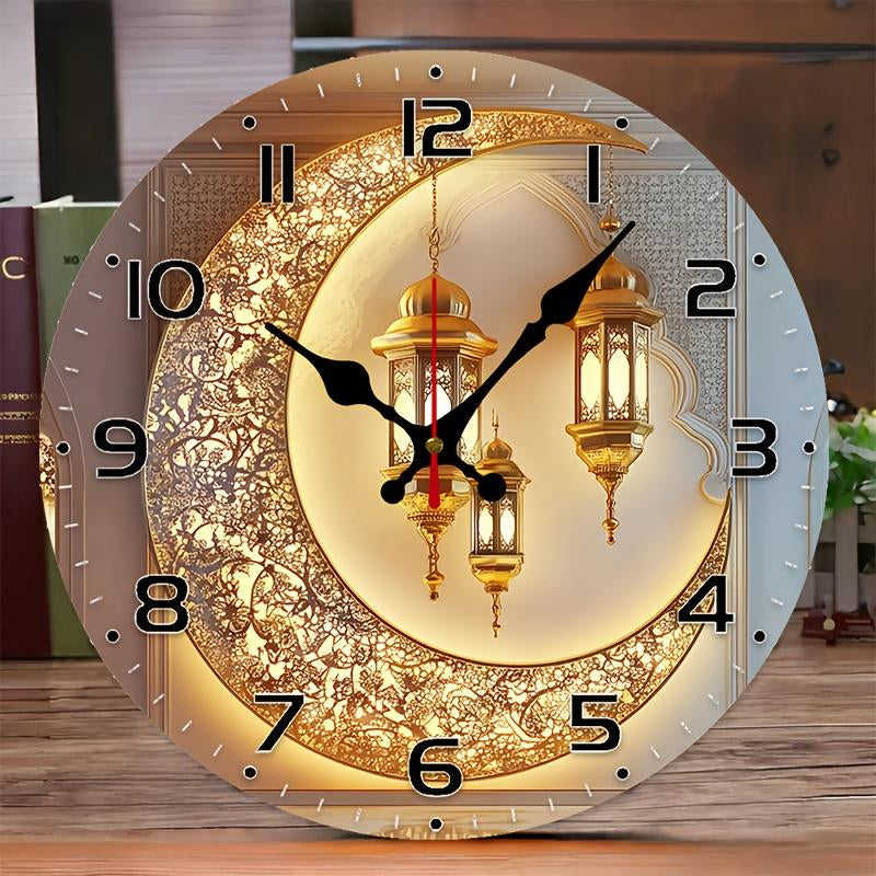 10 Inch Golden Moon Lantern Eid Backdrop Clock - European Style Silent Wall Clock with Wood Veneer, Ornate Floral Patterns & Golden Lanterns - Battery Operated (AA Not Included) - Perfect for Living Room, Study Decor, New Year, Valentine'S Day Gift