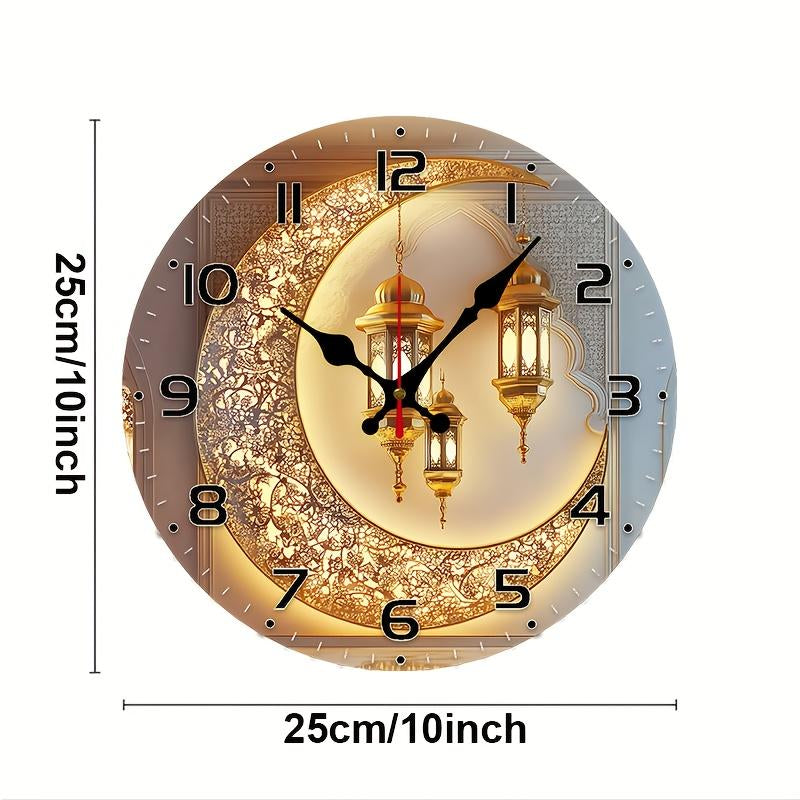 10 Inch Golden Moon Lantern Eid Backdrop Clock - European Style Silent Wall Clock with Wood Veneer, Ornate Floral Patterns & Golden Lanterns - Battery Operated (AA Not Included) - Perfect for Living Room, Study Decor, New Year, Valentine'S Day Gift