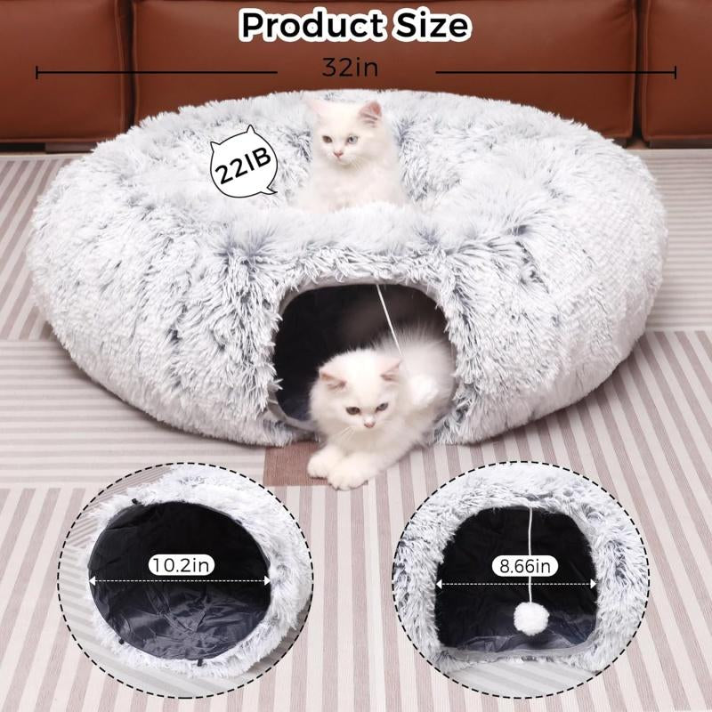 Cute Calming Kitten Beds - Soft Plush Warm Cat Tunnel Foldable Detachable Washable Multifunctional Splicing Design for Cozy Playtime & Relaxation