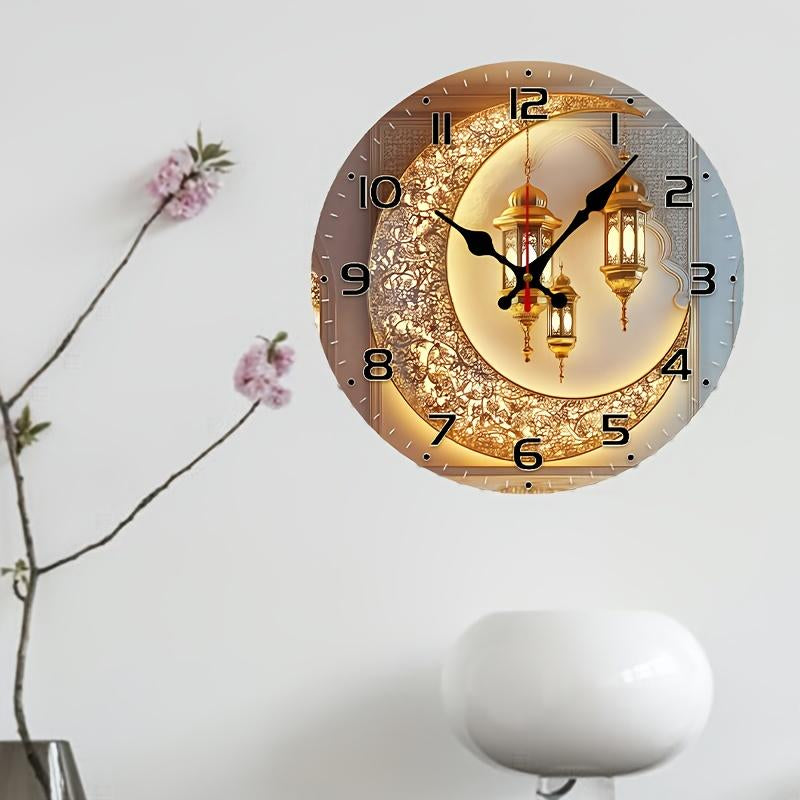 10 Inch Golden Moon Lantern Eid Backdrop Clock - European Style Silent Wall Clock with Wood Veneer, Ornate Floral Patterns & Golden Lanterns - Battery Operated (AA Not Included) - Perfect for Living Room, Study Decor, New Year, Valentine'S Day Gift