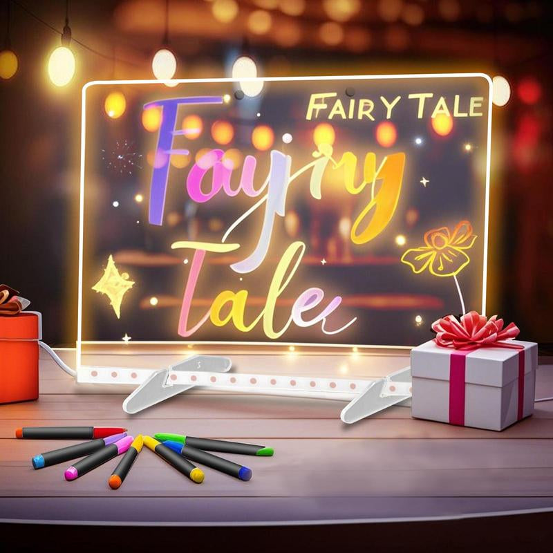 13.7In* 10In LED Drawing Board, 4 Modes and 7Colorful Acrylic Whiteboard with Lights, 7 Markers, Spray Bottle, Suitable for Bedroom, Office, Holiday, and Home Decor Desktop Design Lighting