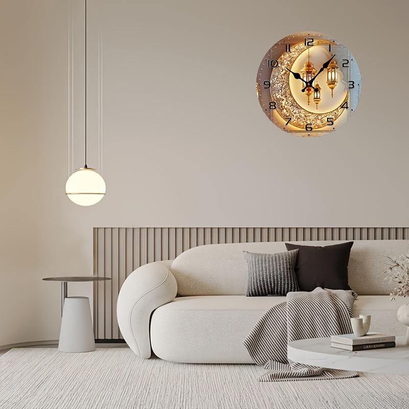 10 Inch Golden Moon Lantern Eid Backdrop Clock - European Style Silent Wall Clock with Wood Veneer, Ornate Floral Patterns & Golden Lanterns - Battery Operated (AA Not Included) - Perfect for Living Room, Study Decor, New Year, Valentine'S Day Gift