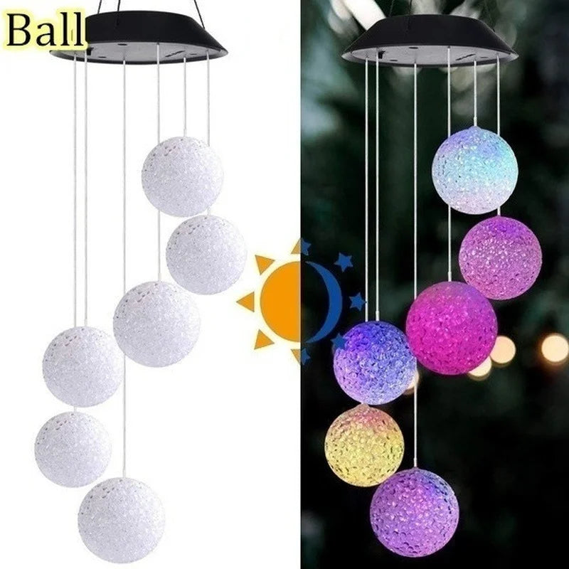 LED Solar Wind Chime Crystal Ball Hummingbird Wind Chime Light Color Changing Waterproof Hanging Solar Light for Home Garden