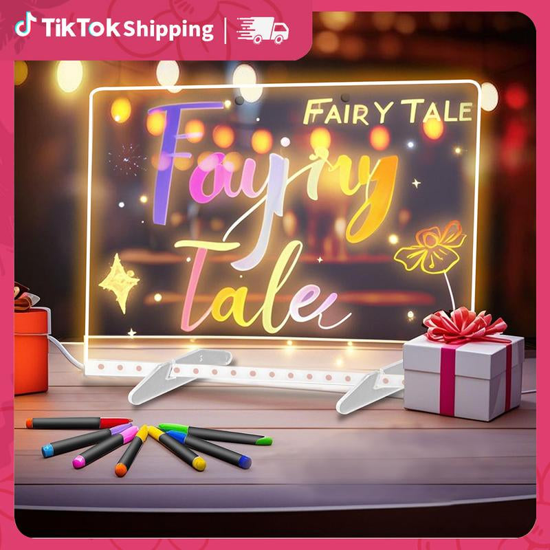 13.7In* 10In LED Drawing Board, 4 Modes and 7Colorful Acrylic Whiteboard with Lights, 7 Markers, Spray Bottle, Suitable for Bedroom, Office, Holiday, and Home Decor Desktop Design Lighting