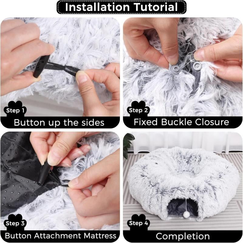 Cute Calming Kitten Beds - Soft Plush Warm Cat Tunnel Foldable Detachable Washable Multifunctional Splicing Design for Cozy Playtime & Relaxation