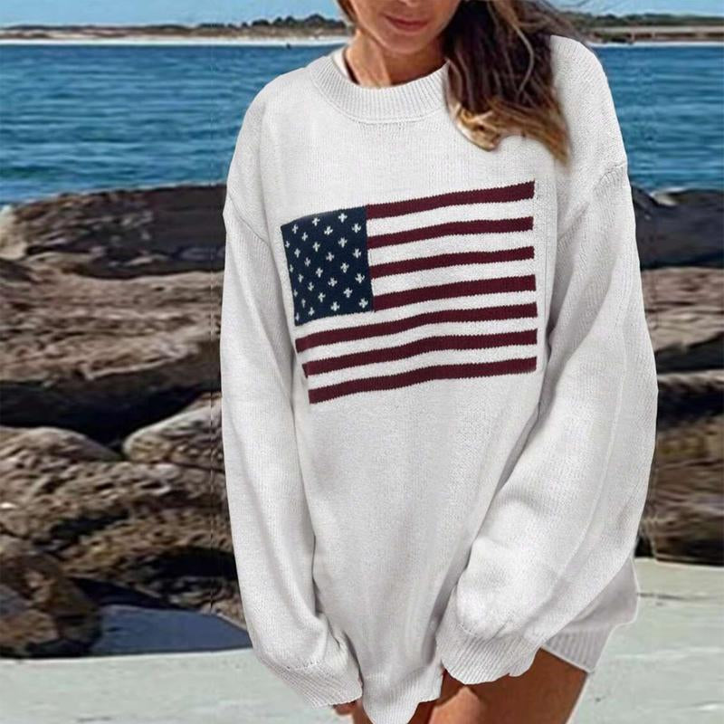 American Flag Knitted Sweater Women'S Long Sleeve Crew Neck Loose Vintage Pullover Polyester Breathable Oversized Striped Beach Wear Fall 2025 Fashion Tops Casual Elastic Fit Womenswear Casual Knitwear Leather Outdoor Sweaterswomen Fall Sweaters Outfits