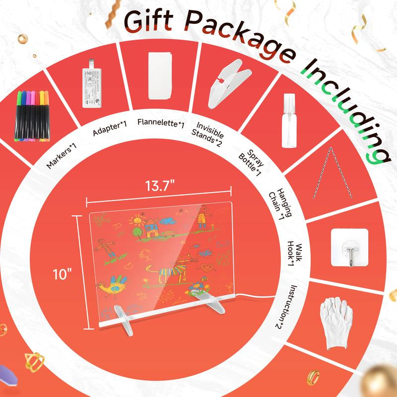 13.7In* 10In LED Drawing Board, 4 Modes and 7Colorful Acrylic Whiteboard with Lights, 7 Markers, Spray Bottle, Suitable for Bedroom, Office, Holiday, and Home Decor Desktop Design Lighting